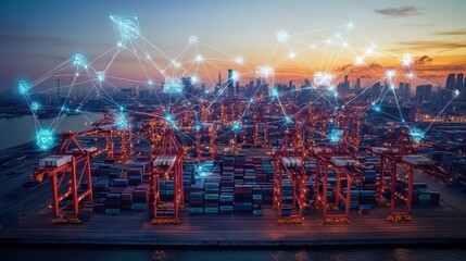 Obraz premium Smart City Logistics Global Trade IoT Network Container Port at Dusk