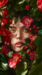 Close-Up Glowing Skin with Rosehip Oil Extract Surrounded by Lush Rosehip Fruits and a Beautiful Rose Garden