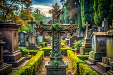 Old Vintage Cross in a Catholic Cemetery Surrounded by Lush Greenery and Weathered Tombstones, Capturing the Essence of Faith and Remembrance in Macro Photography