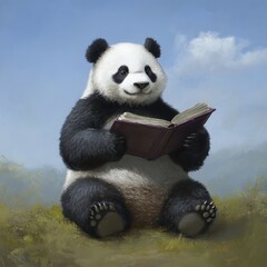Happy panda sitting outdoors reading a book.