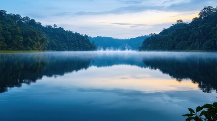 Fototapeta premium A serene lake surrounded by lush greenery, reflecting the sky and trees, with gentle mist hovering over the water at dawn.