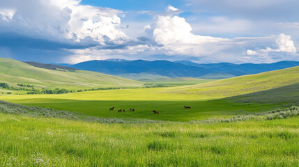 Vast green landscape with rolling hills and grazing horses under dramatic cloudy sky, evoking sense of tranquility and freedom
