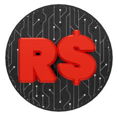 Símbolo de moeda Real com cifrão em vermelho e background preto - 3D render