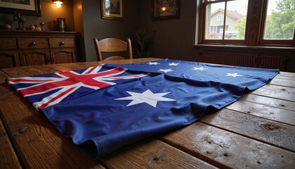 Australian flag laid out on wooden table in a cozy indoor setting