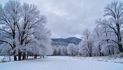 Obraz premium Frosty winter landscape with snow-covered trees and a path leading towards distant mountains