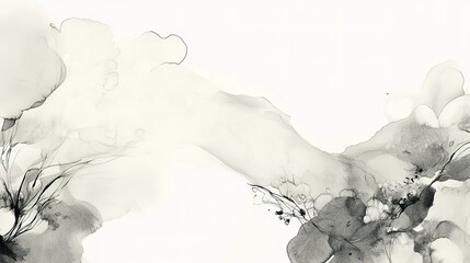 Monochrome ink wash with floral elements, abstract.