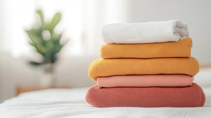 Freshly washed clothes being neatly folded on a bed, soft morning light, organized home life