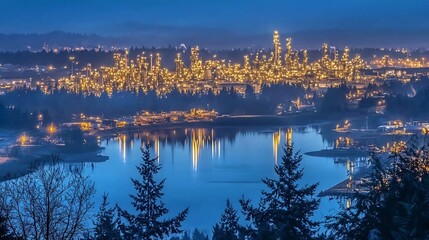 Naklejka premium Panoramic nighttime shot of a glowing urban skyline with an oil refinery complex its industrial lights and structures reflected in the calm waters below