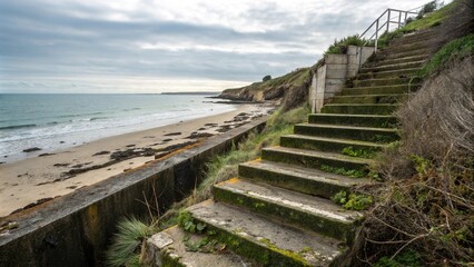 Obraz premium A row of weathered concrete steps leading to a secluded cove in the ocean, ocean scenery, coastal landscape, seaside photo