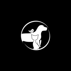 Pet shop logo with dog ,cat, bird silhouette in a circle  isolated on black background.
