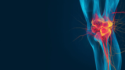 X-ray of a human knee joint on a vibrant blue background, with the kneecap and surrounding ligaments highlighted in red and yellow, emphasizing the jointâs intricate connections.