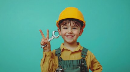 Cheerful Young Boy in Yellow Hard Hat Holding Wrench and Giving Peace Sign, Bright Turquoise Background, Child Enthusiasm for Building and Repair Work