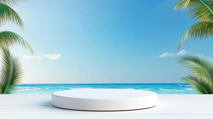 Fototapeta premium Serene beach view with palm trees and clear sky.