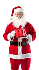 Portrait of Happy Santa Claus holding gift isolated on white background