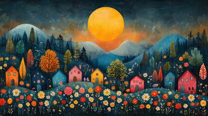 Childrens cartoon poster with happy animals and people.