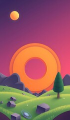 Vibrant Digital Illustration: Orange Portal Sunset Over Rolling Hills. AI Generated