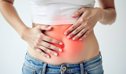 Fototapeta premium a woman holds her stomach with her hands, the concept of stomach disease