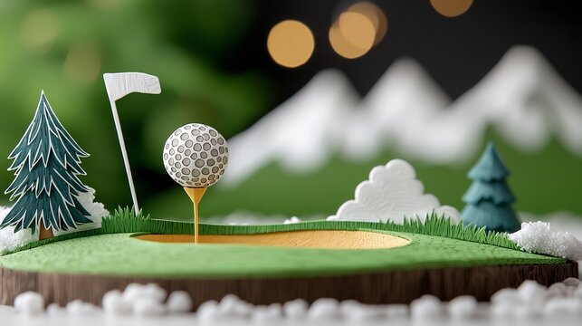 paper cut representation of a golf ball rolling into the cup on a lush green golf course with dimensional layers depicting the ball cup and grassy fairway