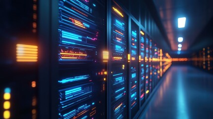 Futuristic data center with glowing servers.