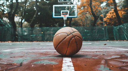 Basketball ball in the middle of a court