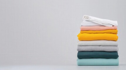 Pile of laundry ready for folding, soft early morning light, neat and orderly space