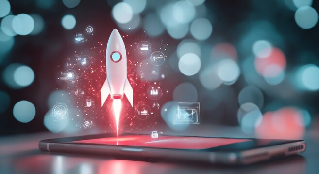 Rocket launching from smartphone screen with digital icons in an innovative technology concept