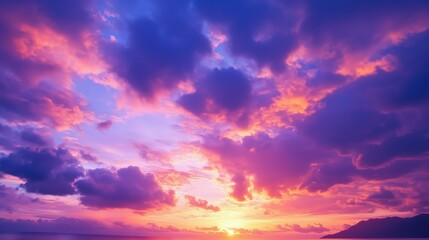 Obraz premium Cyberpunk color trend popular background. Nature beautiful Light Sunset or sunrise colorful Dramatic majestic scenery Sky with Amazing clouds in sunset sky purple light cloud background