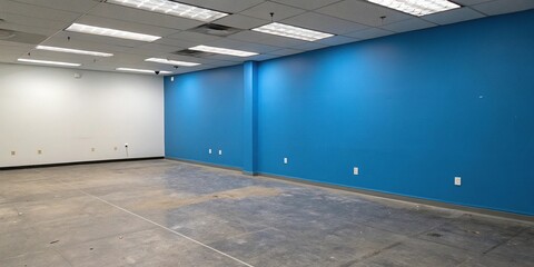 A single blue wall dominates the empty room's architecture, bold statement, minimalism, focal point, blue accent wall