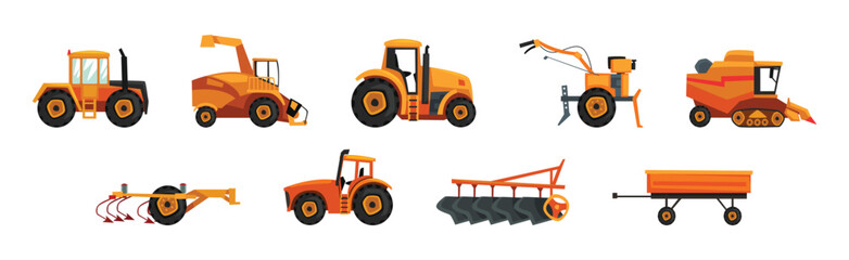 Agricultural Machinery and Vehicles for Soil Cultivation Vector Set