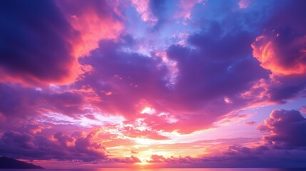 Fototapeta premium Cyberpunk color trend popular background. Nature beautiful Light Sunset or sunrise colorful Dramatic majestic scenery Sky with Amazing clouds in sunset sky purple light cloud background