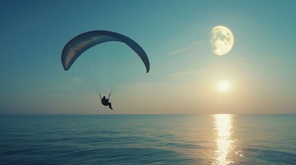 Paraglider soaring gracefully over a tranquil sea with the soft glow of a full moon reflecting on the water s surface