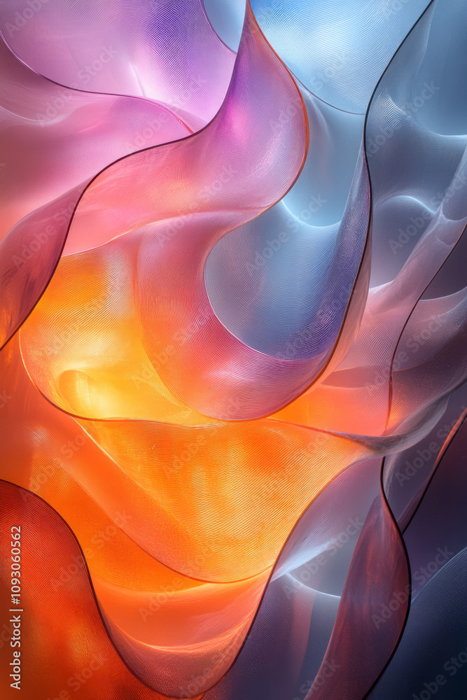 Aufkleber elegant overlapping glass curves in gradient hues, captured in soft focus to create a dreamy aesthet