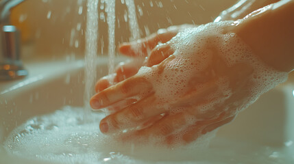 Fototapeta premium close-up of hands being washed under running water in the bathroom sink
