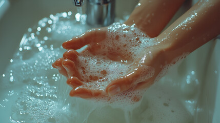 Fototapeta premium close-up of hands being washed under running water in the bathroom sink