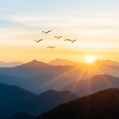 Obraz premium Majestic sunrise over mountain range with birds in flight.