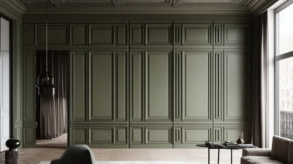 Obraz premium Minimalist interior design with a sage green wall, a soft rug, a sleek couch, and a few simple decor elements for a tranquil setting.