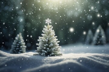 Christmas Background with a Snowy Scene Featuring a Sparkling Tree and Light Green Snowflakes