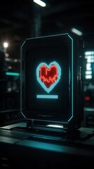 A futuristic digital heart monitor displaying vibrant heart rate data in a tech-driven environment.