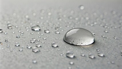 A single water droplet on a gray surface, partially covered by a thin layer of tiny air bubbles, creating a sense of depth and dimensionality, dimension, nature, ambient