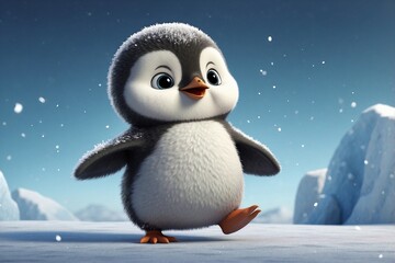Cute Fluffy Baby Penguin with a Happy Smile Sitting on a Snowy Surface Next to an Iceberg