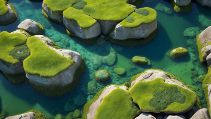 Aerial view of underwater rocks covered with vibrant green moss surrounded by clear turquoise water showcasing marine beauty
