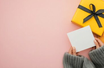 Fototapeta premium Holding a blank card above a present on a yellow background during holiday preparations
