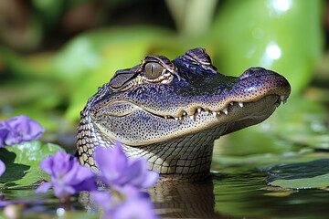 Fototapeta premium Alligator iris in murky water, florida wildlife.