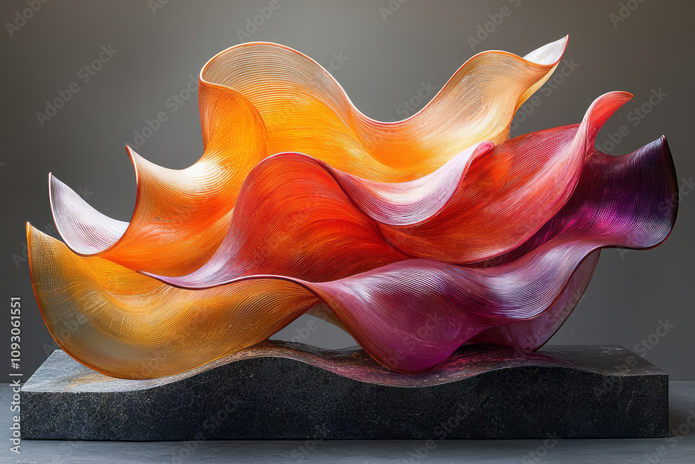 Aufkleber a vibrant abstract sculpture of flowing glass waves in multiple colors, creating a dynamic and elega