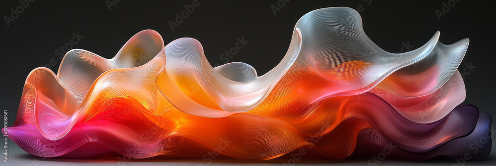 Poster an abstract wave-shaped glass sculpture featuring gradient colors, blending seamlessly from one shad