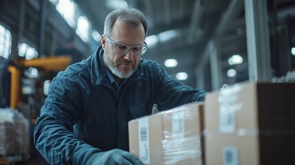 Focused Worker in Industrial Warehouse Organizing Packaged Boxes with Careful Attention to Detail in Brightly Lit, Spacious Environment