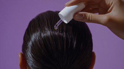 Applying a hair treatment serum to shiny hair against a vibrant purple background, highlighting self-care and beauty routines