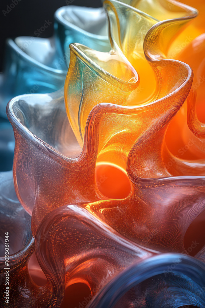Poster a minimalist display of vibrant glass waves with an organic flow, creating a bold abstract centerpie