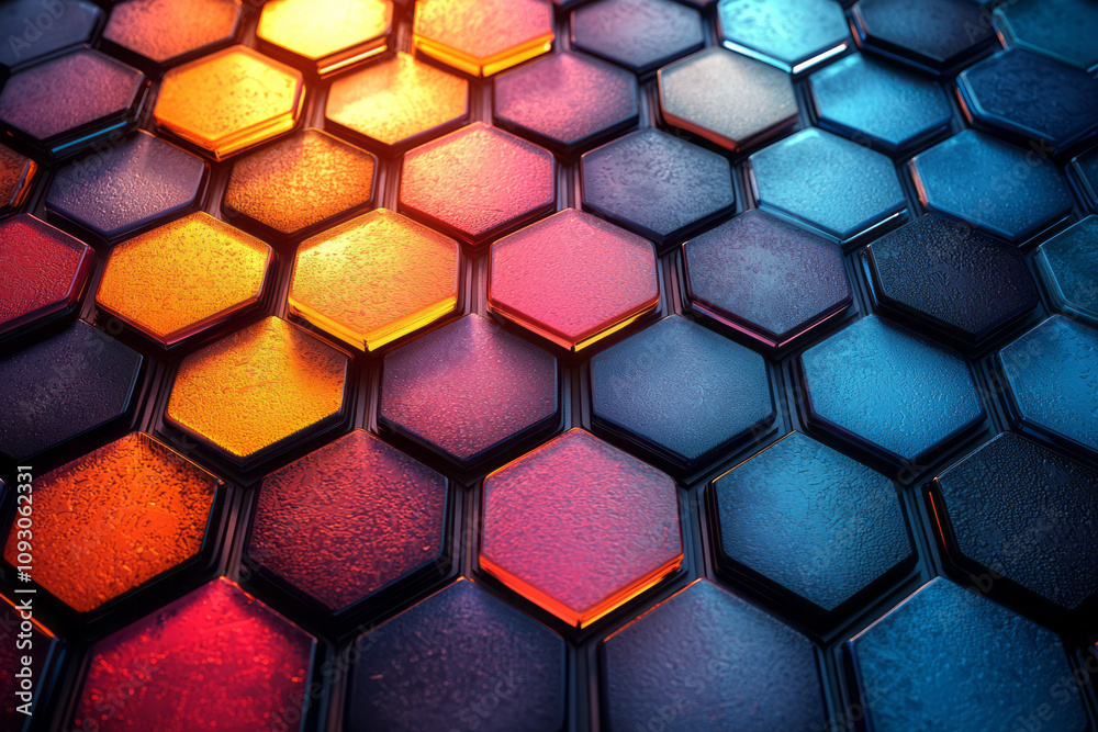 Leinwandbilder a dynamic composition of abstract hexagonal glass tiles, featuring a smooth gradient from blue to re