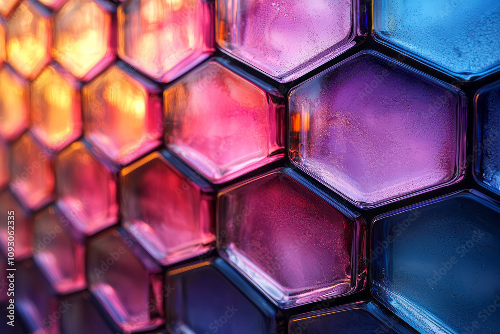 Fototapete a dynamic composition of abstract hexagonal glass tiles, featuring a smooth gradient from blue to re